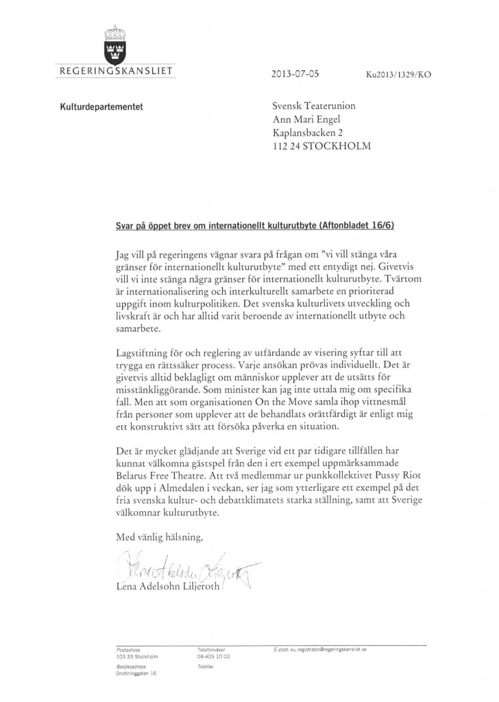 Brev fran kulturministern Brev fran kulturministern